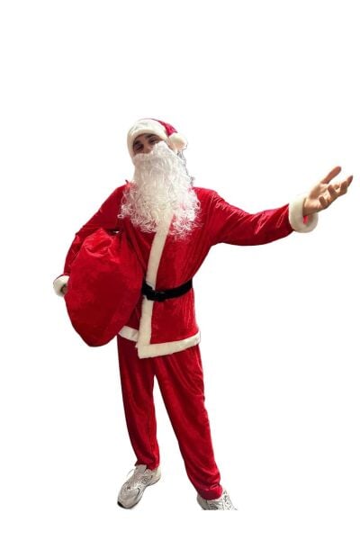 Kadife Noel Baba Kostümü Noel Sakalı Şapkası Çantası Yetişkin İçin Kürklü Lüx Kıyafeti
